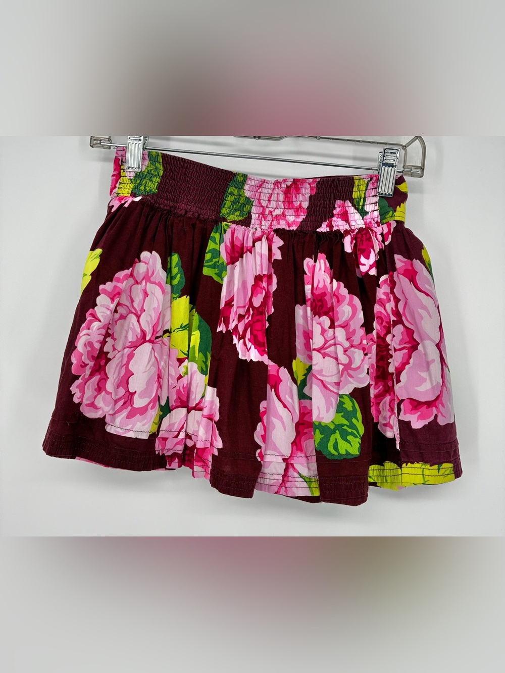 ABERCROMBIE & FITCH Floral Mini Skirt Smocked Waist Burgundy Pink S - Picture 6 of 13